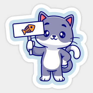 Cute Cat Holding Fish Board Cartoon Sticker